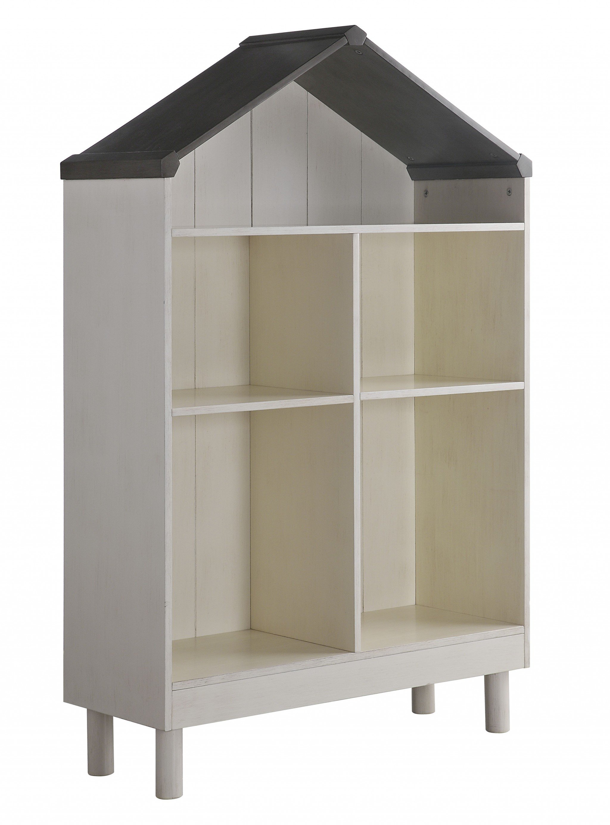 White weathered finish bookcase with gray top, featuring a castle-shaped design, perfect for children's rooms.