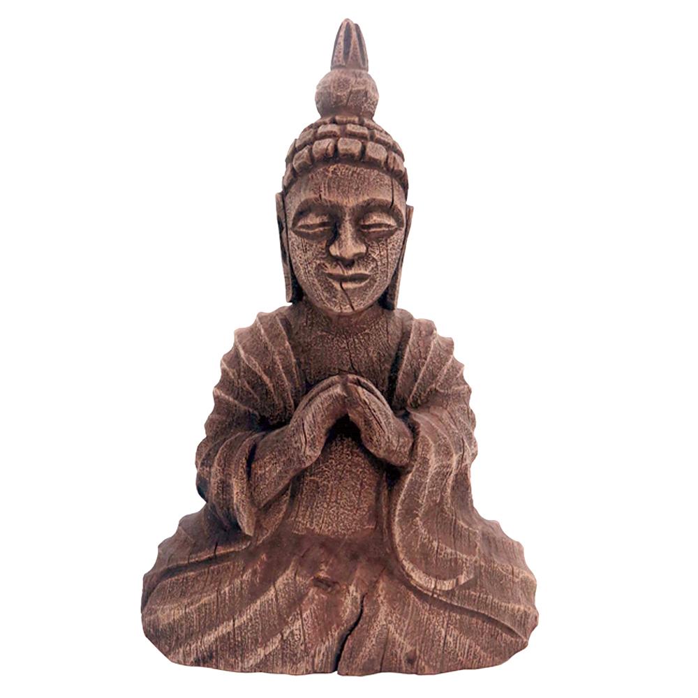 A beautifully crafted Wooden Seated Buddha Sculpture made of high-grade wood and metal, showcasing intricate details and a serene expression.