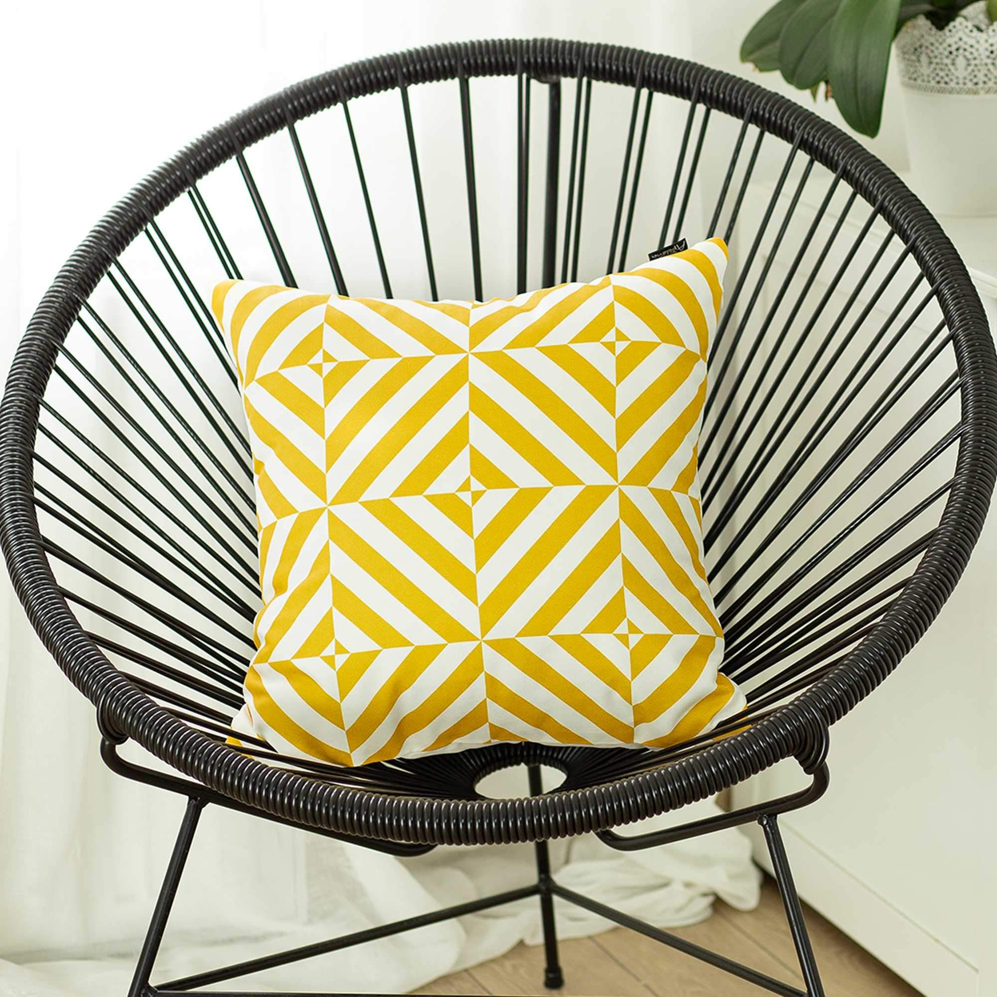 Yellow and white decorative throw pillow cover featuring geometric square patterns, made from soft brushed polyester fabric with a hidden zipper closure.