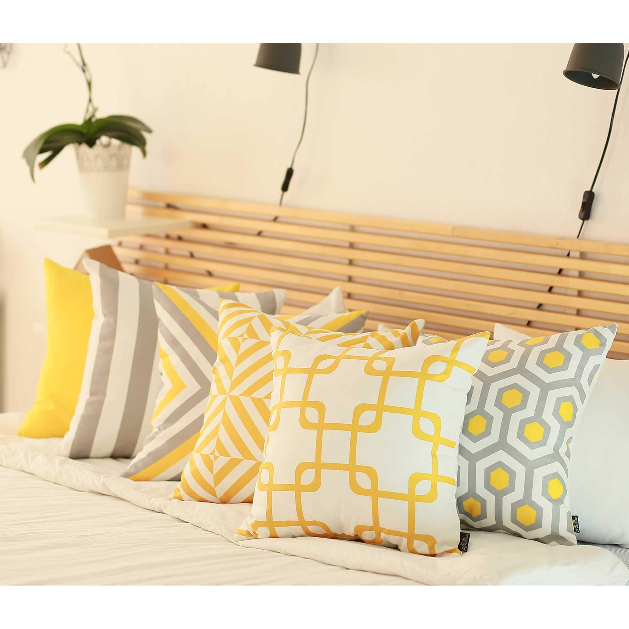 Yellow and white decorative throw pillow cover featuring geometric square patterns, made from soft brushed polyester fabric with a hidden zipper closure.