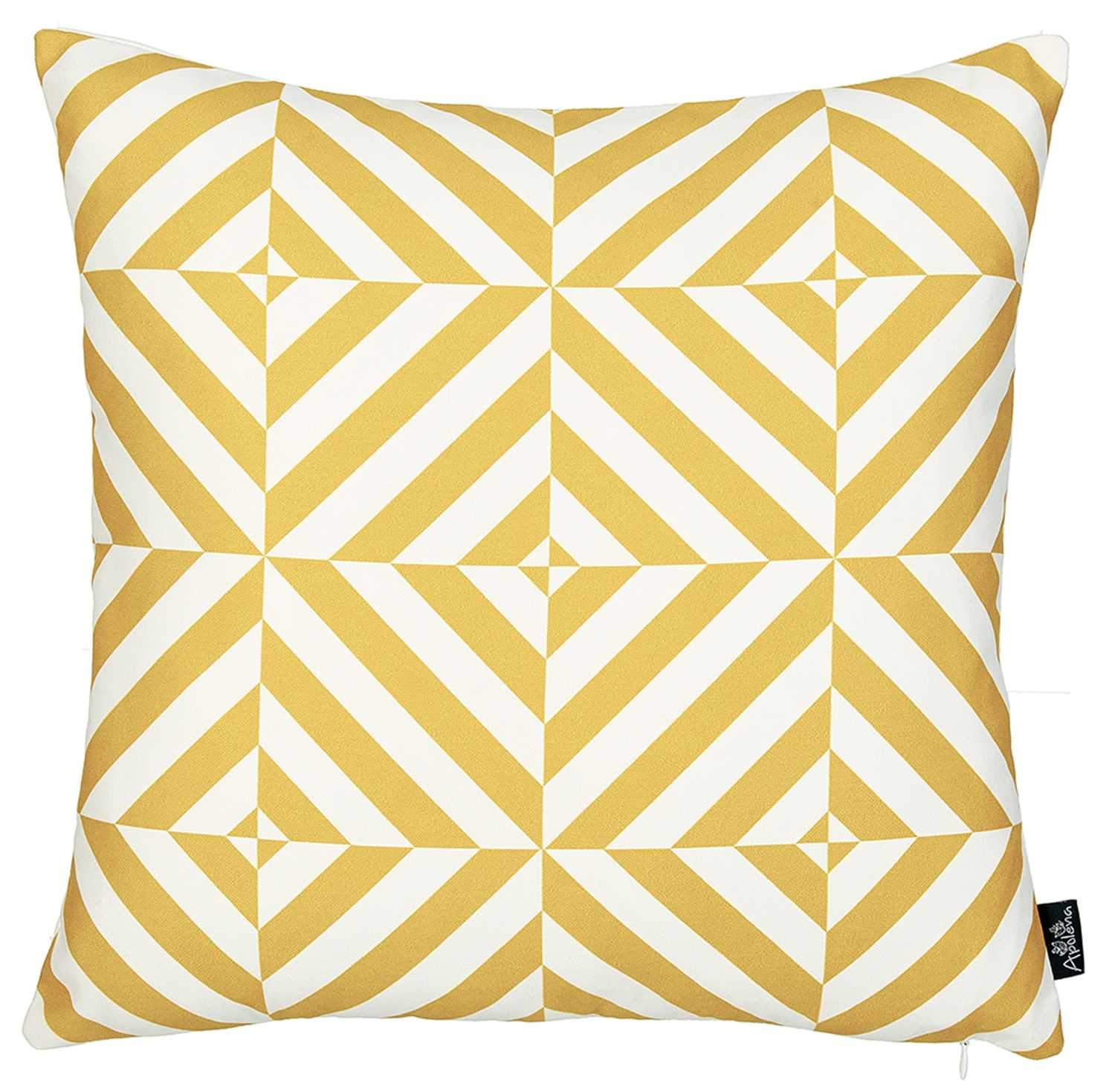 Yellow and white decorative throw pillow cover featuring geometric square patterns, made from soft brushed polyester fabric with a hidden zipper closure.