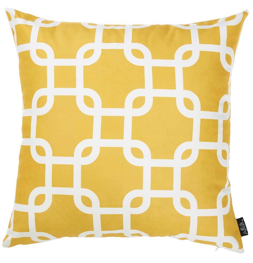 Yellow and white decorative throw pillow cover with lattice pattern, featuring a hidden zipper closure and soft brushed fabric.