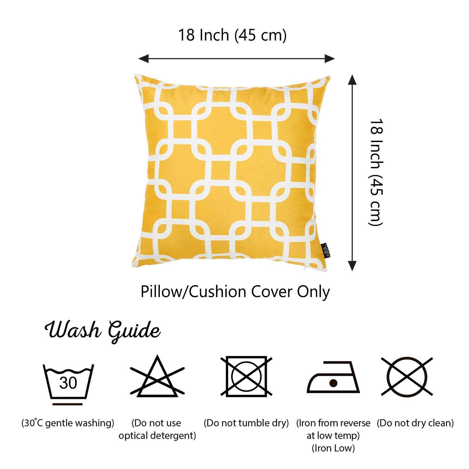 Yellow and white decorative throw pillow cover with lattice pattern, featuring a hidden zipper closure and soft brushed fabric.