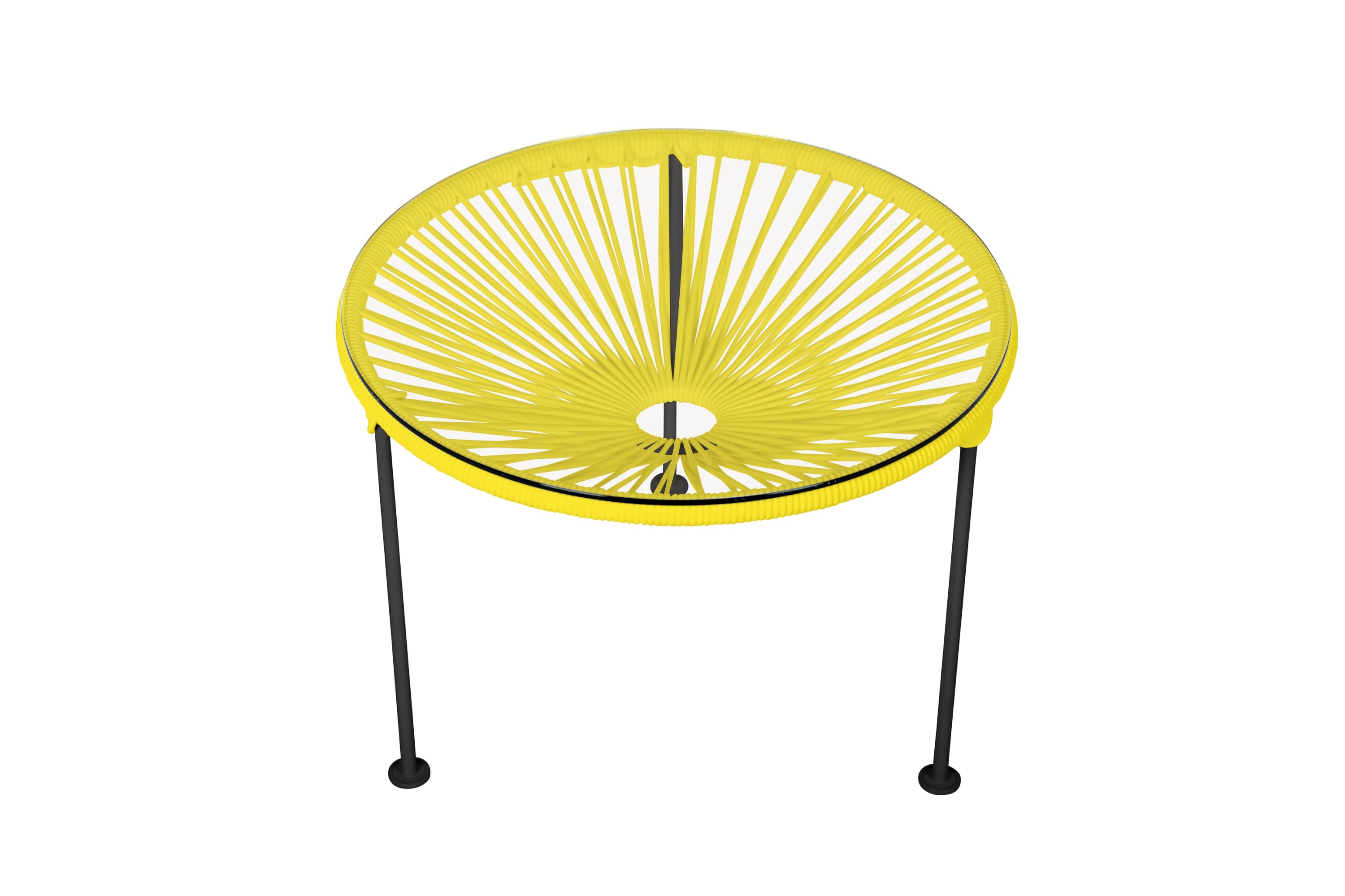 Zicatela Coffee Table featuring a tempered glass top and colorful vinyl cord design, perfect for small spaces.