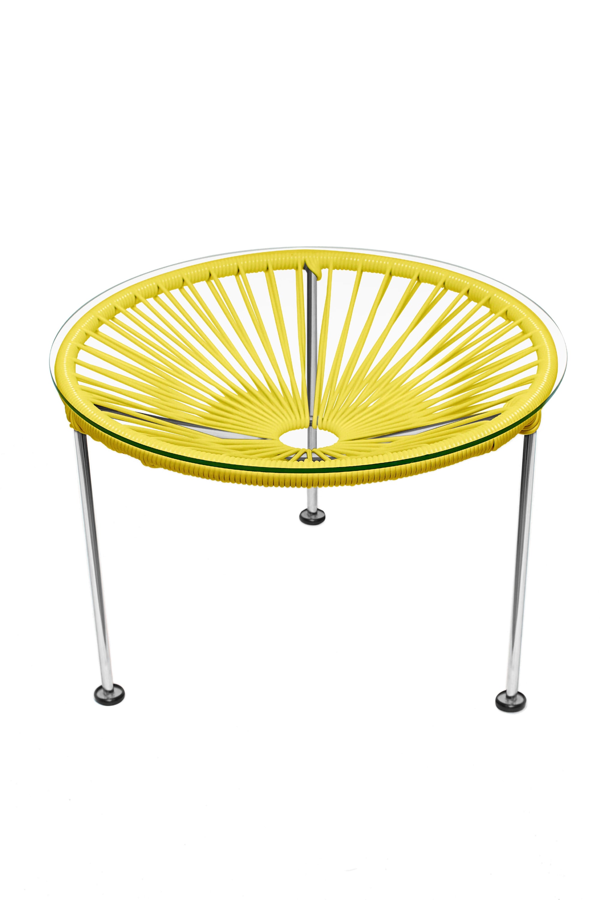 Zicatela Coffee Table featuring a tempered glass top and colorful vinyl cord design, perfect for small spaces.