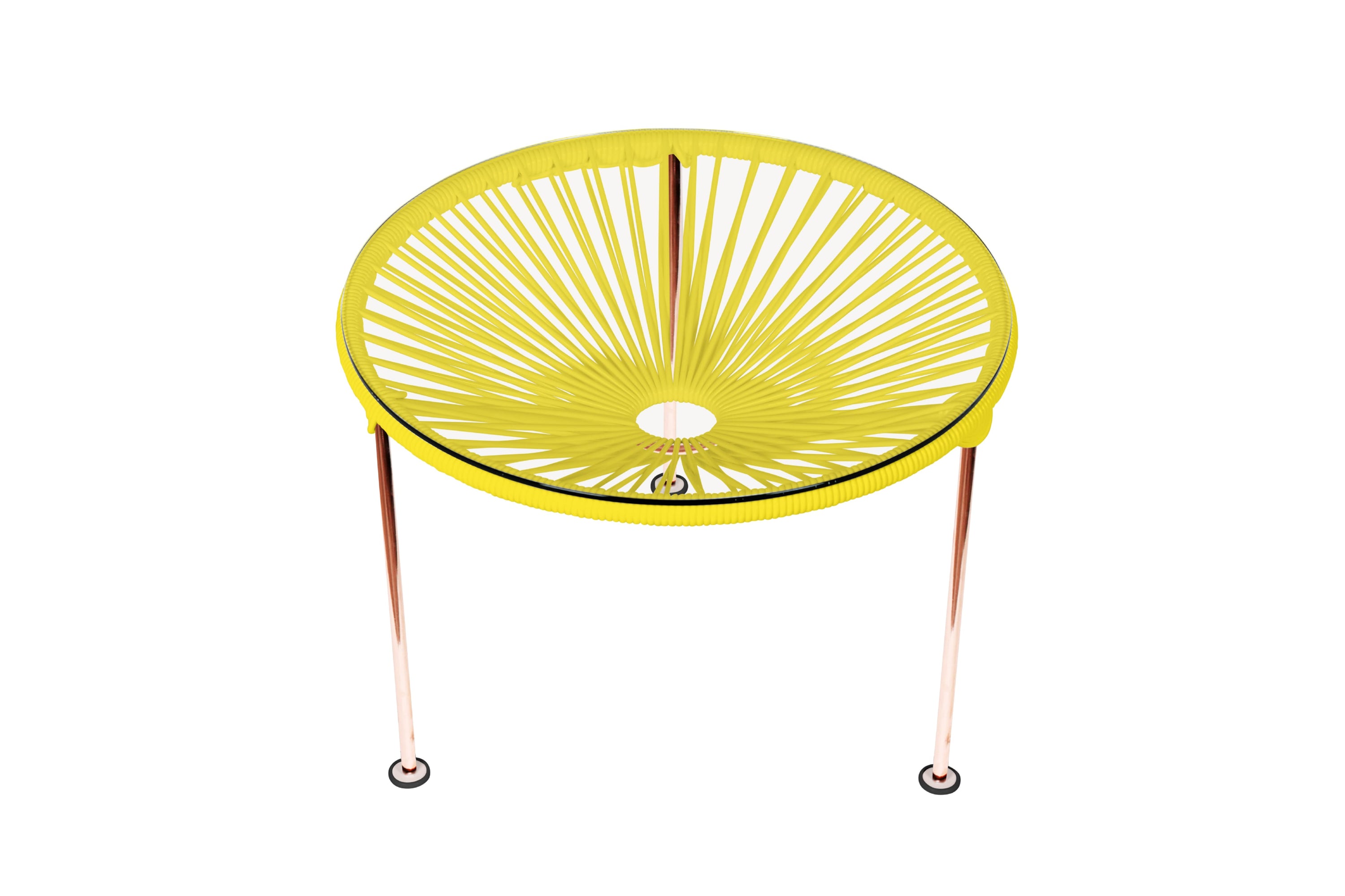 Zicatela Coffee Table featuring a tempered glass top and colorful vinyl cord design, perfect for small spaces.