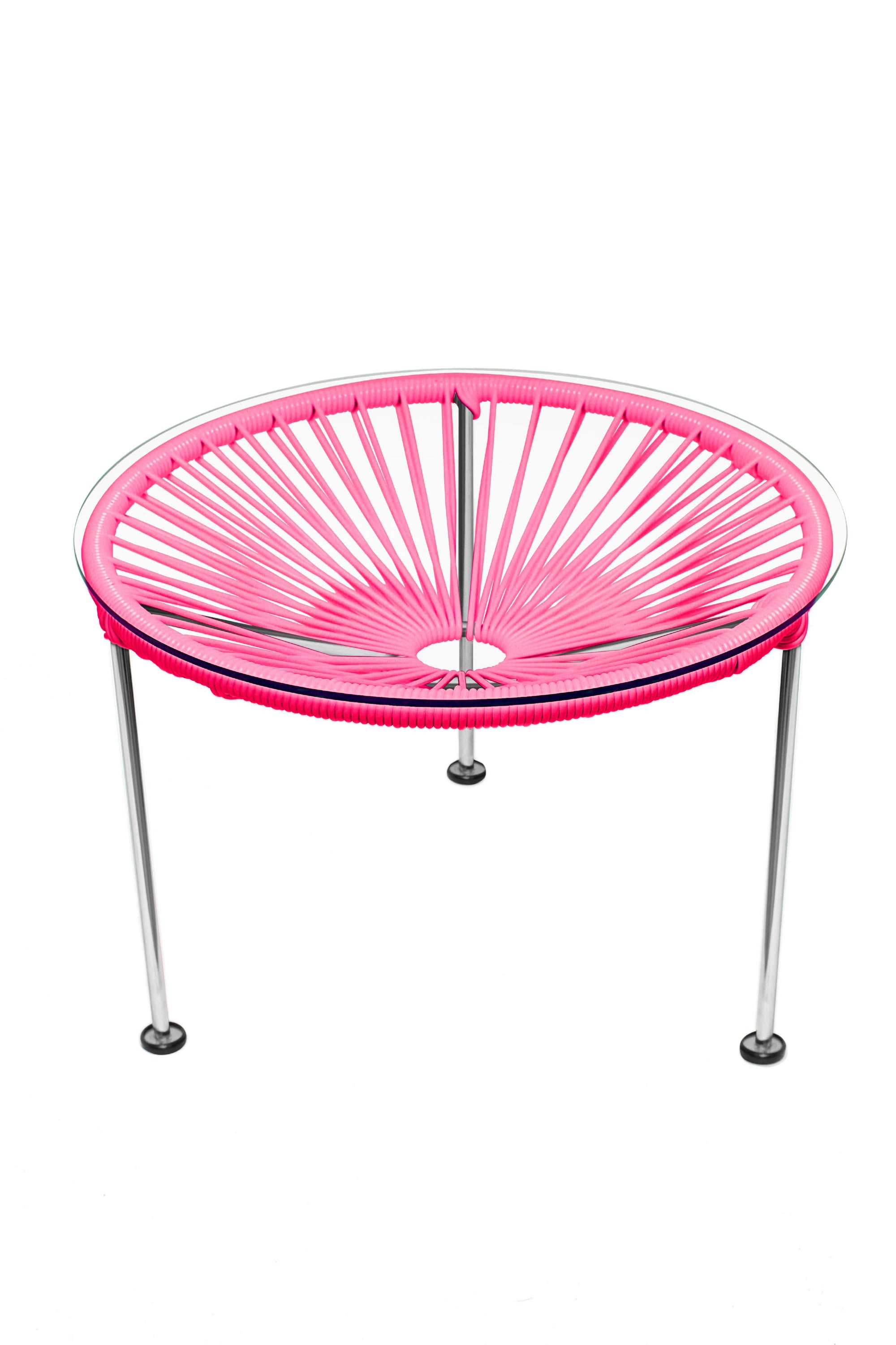 Zicatela Coffee Table featuring a tempered glass top and colorful vinyl cord design, perfect for small spaces.