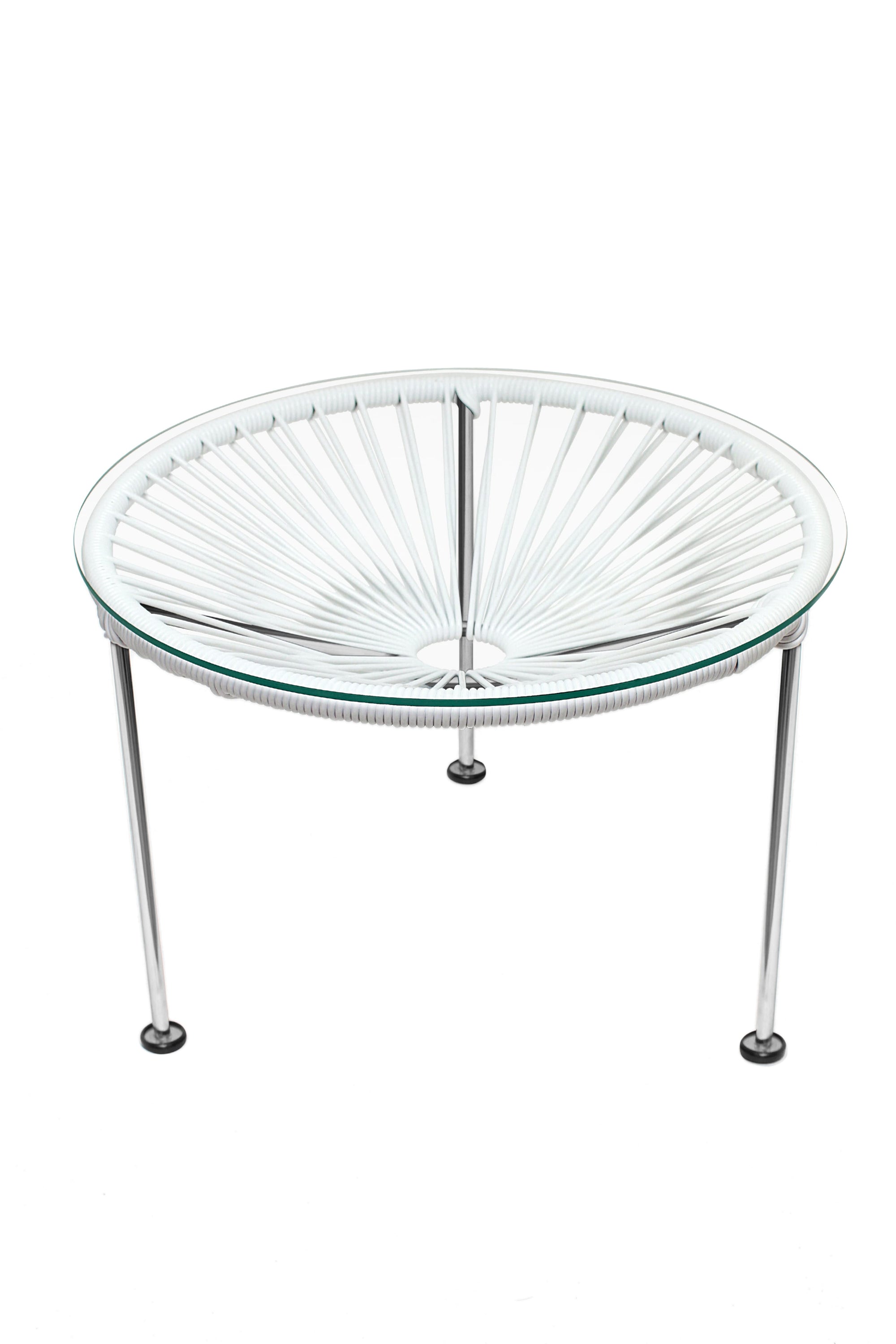 Zicatela Coffee Table featuring a tempered glass top and colorful vinyl cord design, perfect for small spaces.