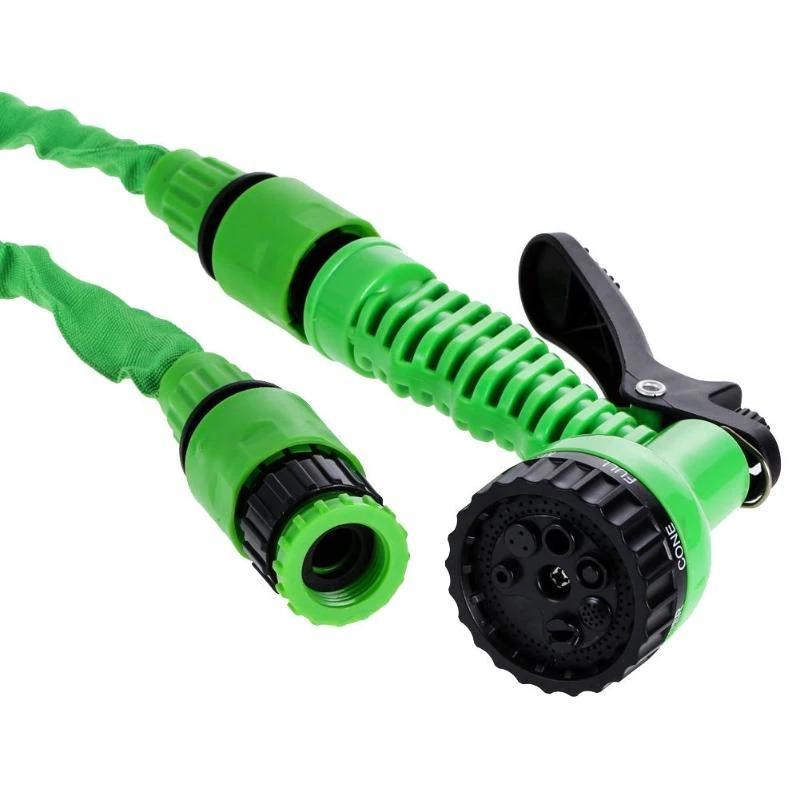 25-100FT Expandable Flexible Garden Water Hose with a multifunctional spray gun, showcasing its high-grade fabric and expandable design.