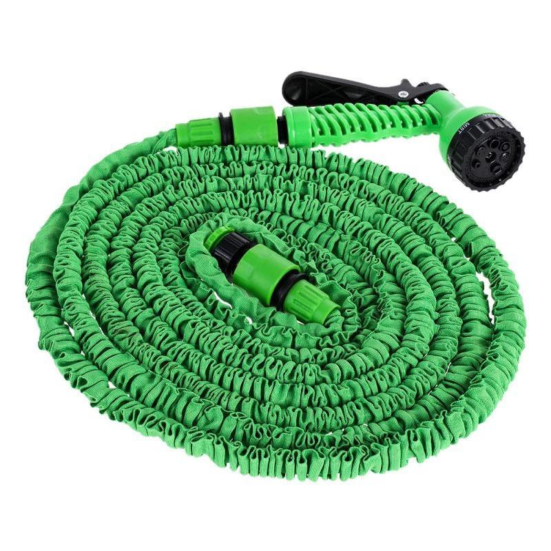 25-100FT Expandable Flexible Garden Water Hose with a multifunctional spray gun, showcasing its high-grade fabric and expandable design.