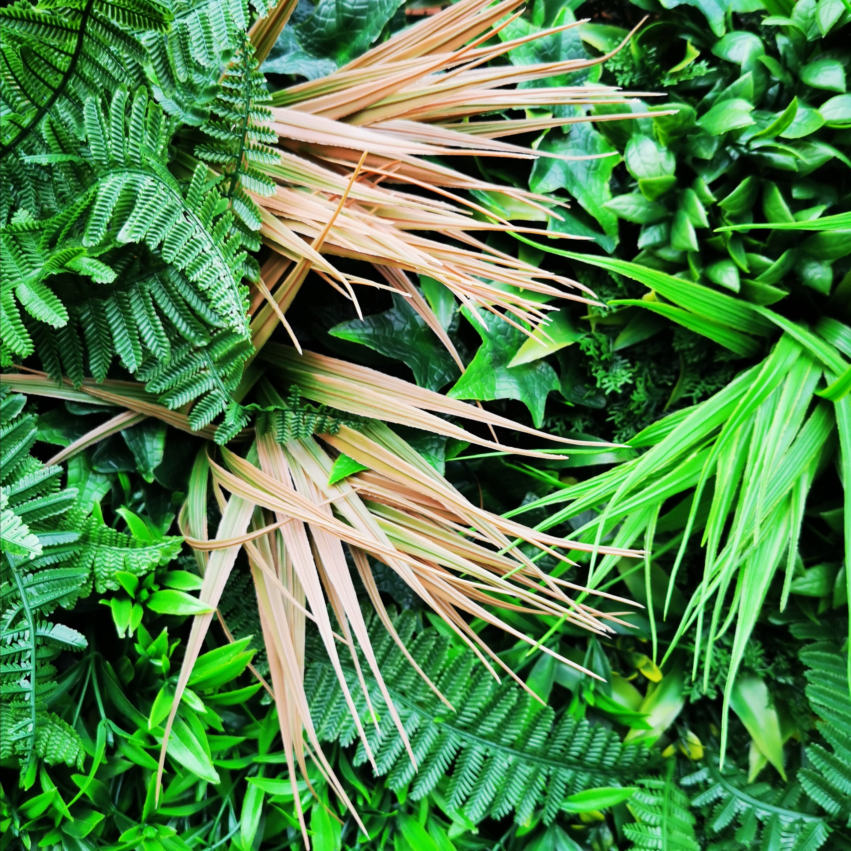 Artificial Deluxe Green Wall featuring lush tropical foliage, 100x100cm size, perfect for enhancing indoor and outdoor spaces.