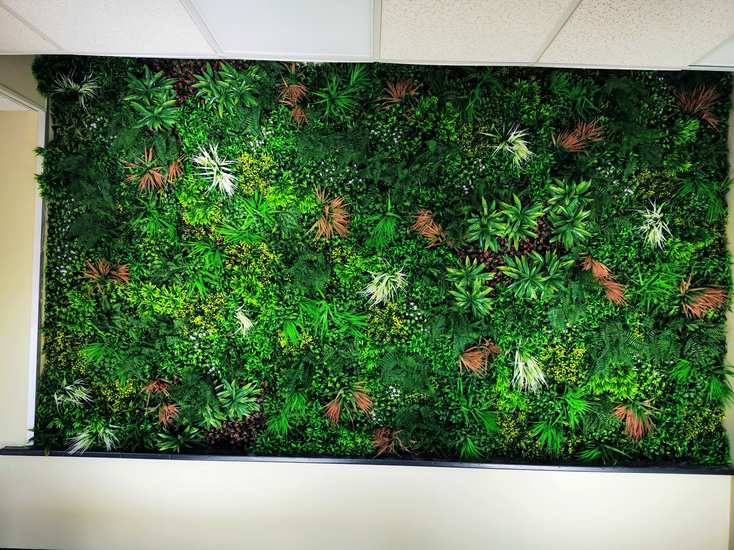 Artificial Deluxe Green Wall featuring lush tropical foliage, 100x100cm size, perfect for enhancing indoor and outdoor spaces.