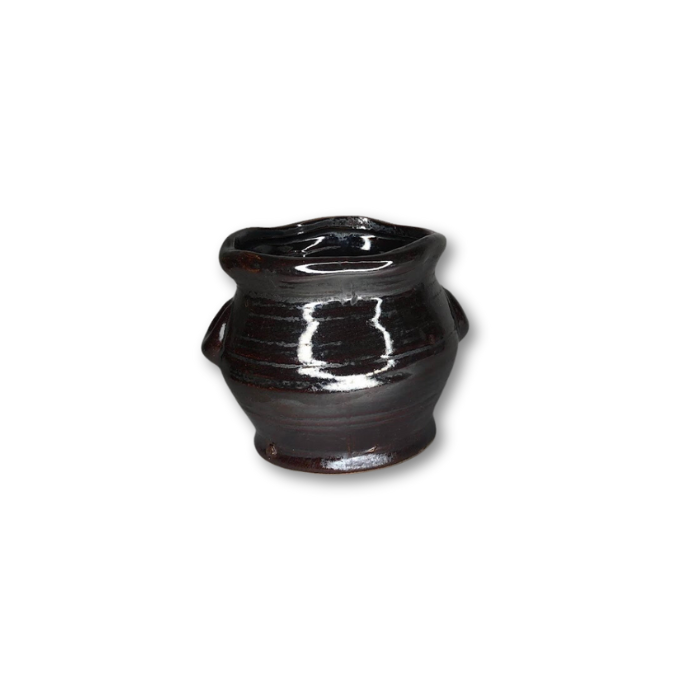 A sleek black metallic pot with handles, perfect for indoor plants, featuring a drain hole at the bottom.