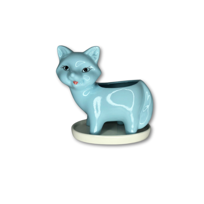 A whimsical blue fox flower pot planter with a drainage hole, perfect for indoor plants.