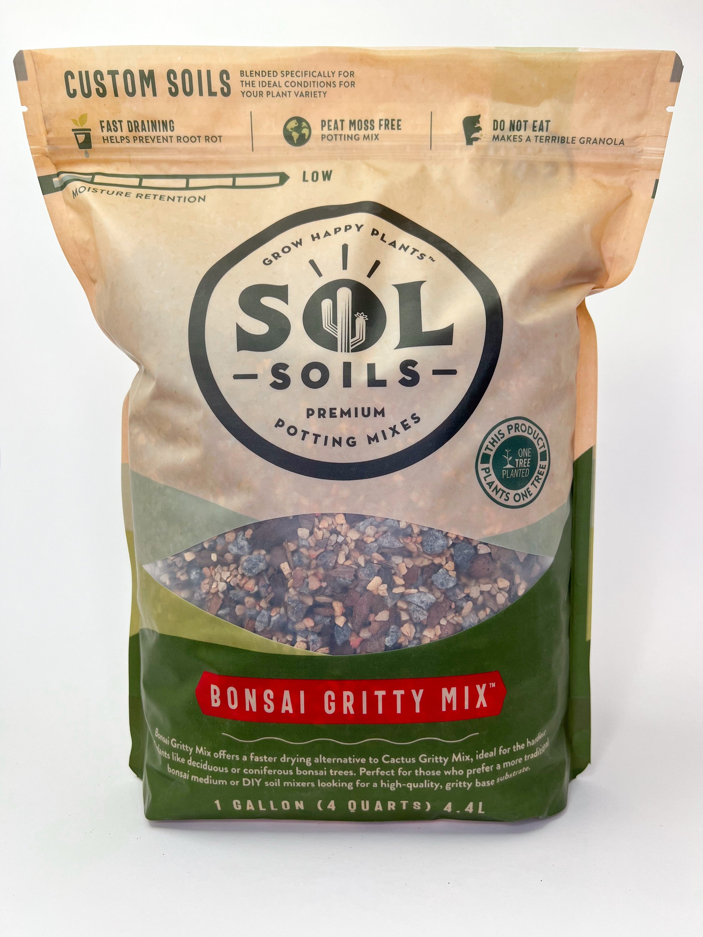 A bag of Bonsai Gritty Mix soil, showcasing its gritty texture and natural ingredients, ideal for bonsai and dry-loving plants.