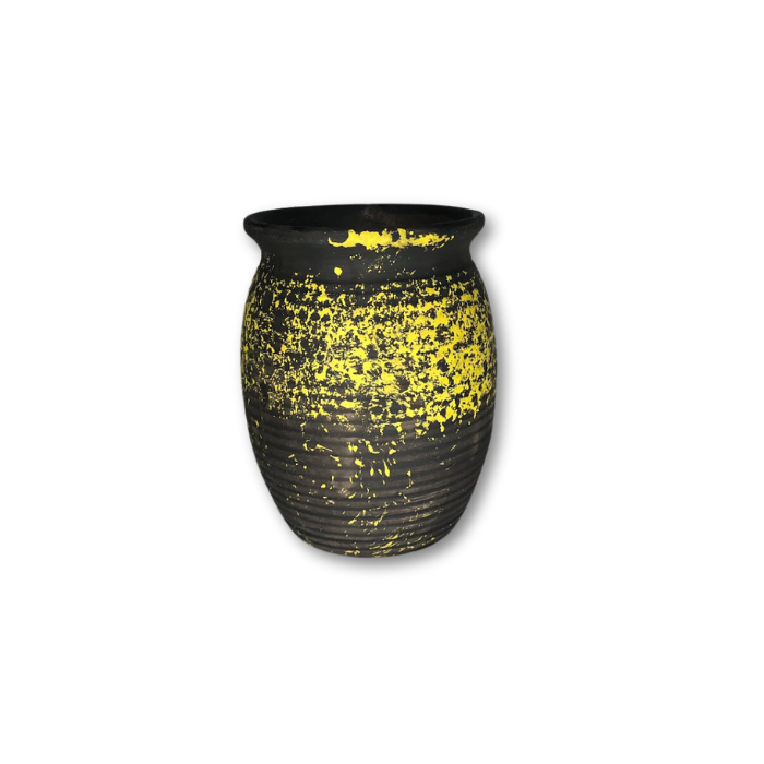 A stylish brown pot featuring a vibrant yellow sponge top, perfect for indoor or outdoor plants.