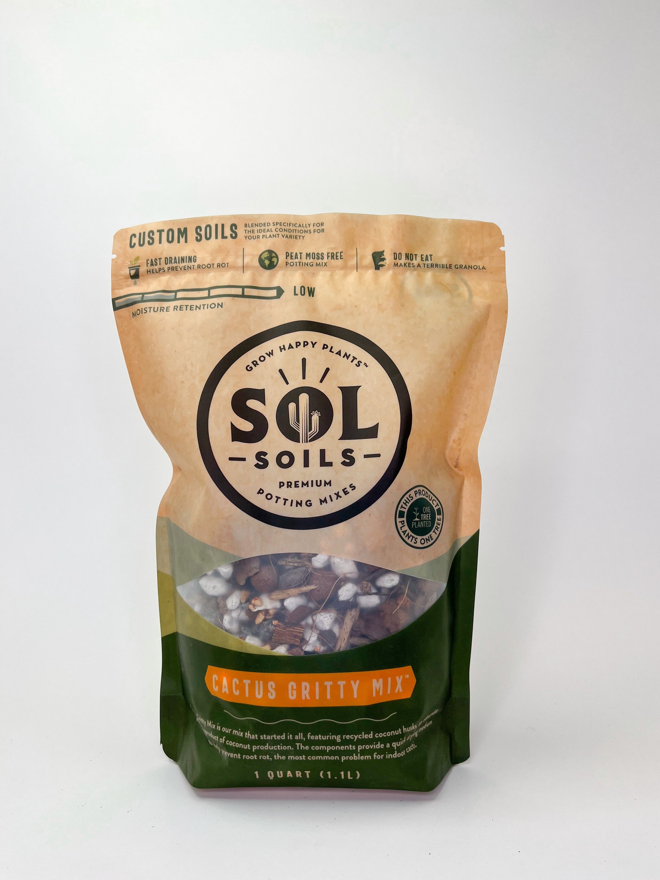 A bag of Cactus Gritty Mix soil blend featuring coconut husks and other organic materials, ideal for cacti and drought-resistant plants.