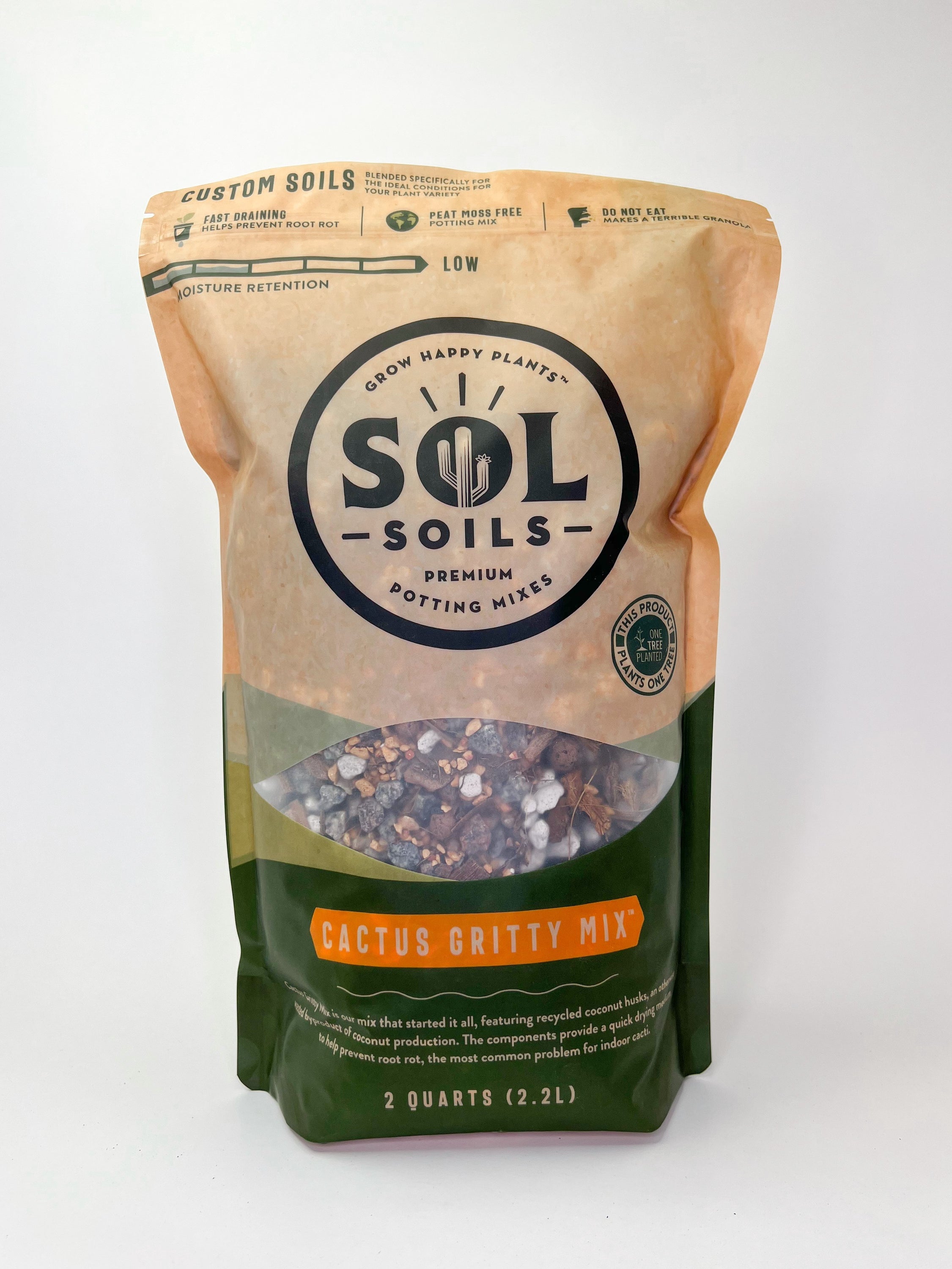 A bag of Cactus Gritty Mix soil blend featuring coconut husks and other organic materials, ideal for cacti and drought-resistant plants.