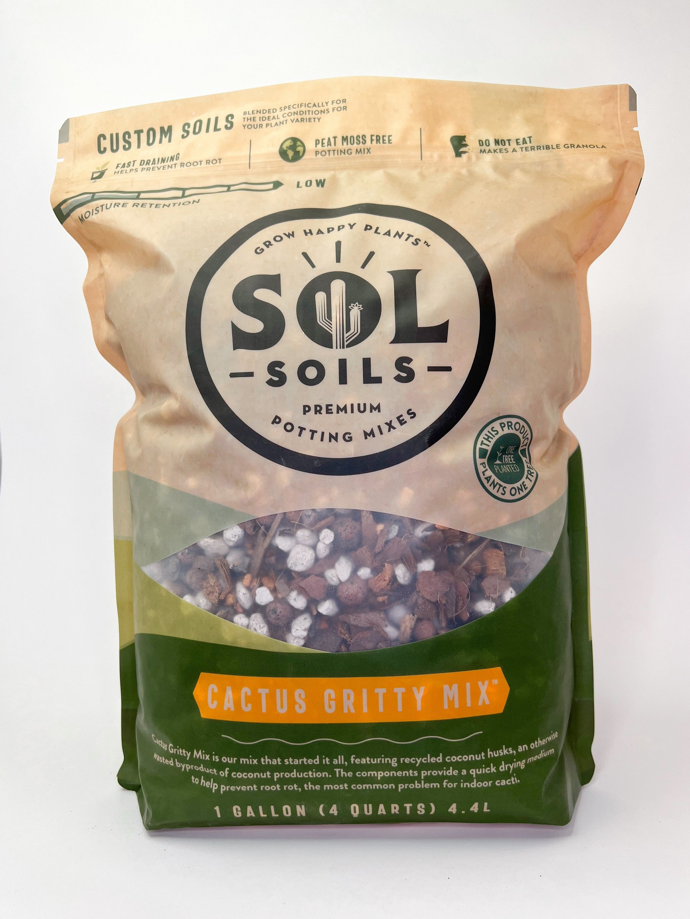 A bag of Cactus Gritty Mix soil blend featuring coconut husks and other organic materials, ideal for cacti and drought-resistant plants.