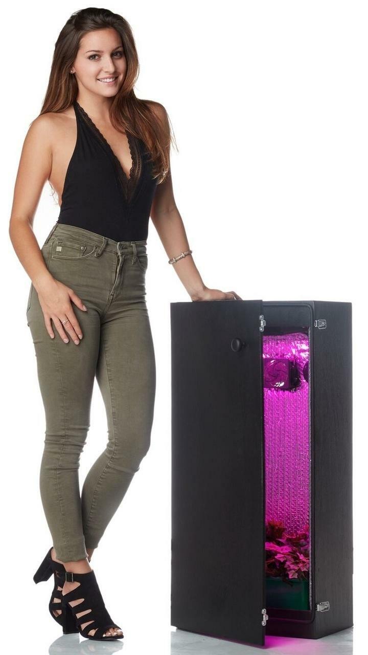 Woman by indoor plant cabinet.