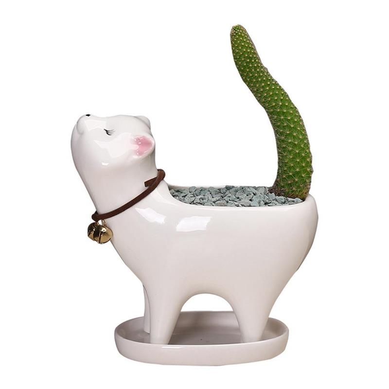 Ceramic flower pot succulent planter featuring a cute cartoon kitten design, perfect for small plants and home decor.