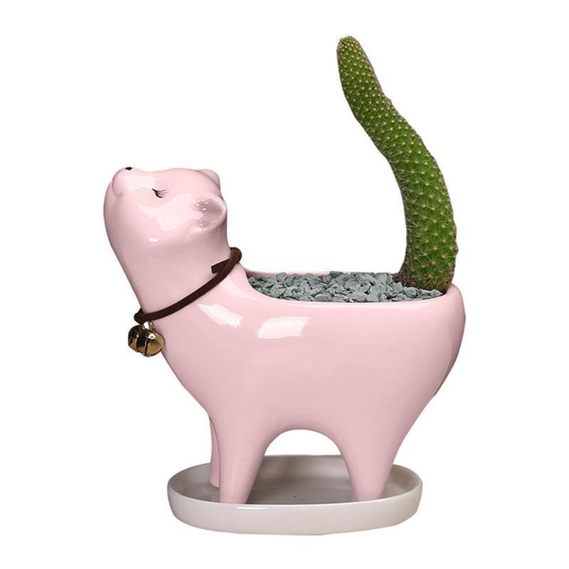 Ceramic flower pot succulent planter featuring a cute cartoon kitten design, perfect for small plants and home decor.