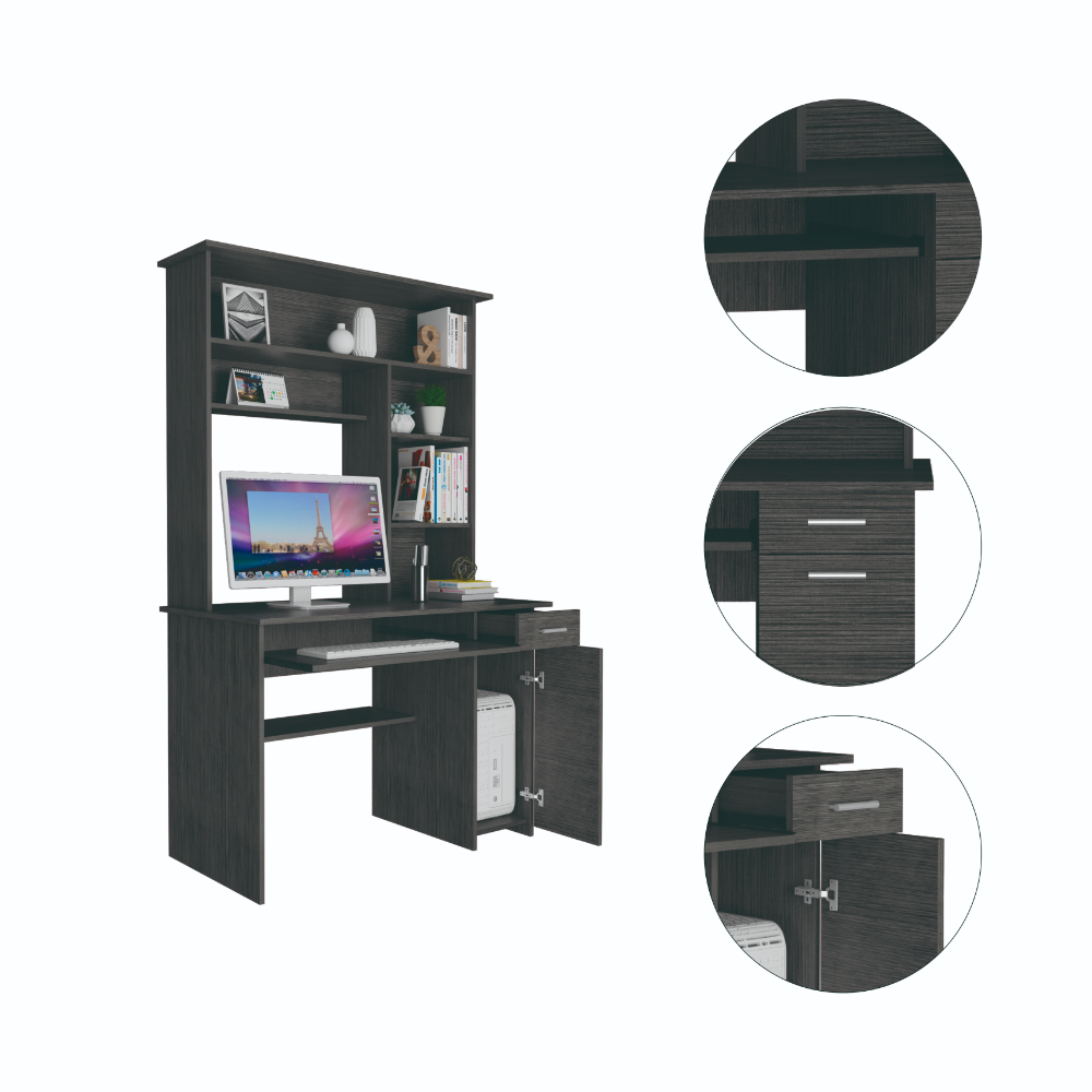 Compu 180 Hutch Desk in gray with multiple shelves and retractable keyboard tray, showcasing its modern design and functionality.