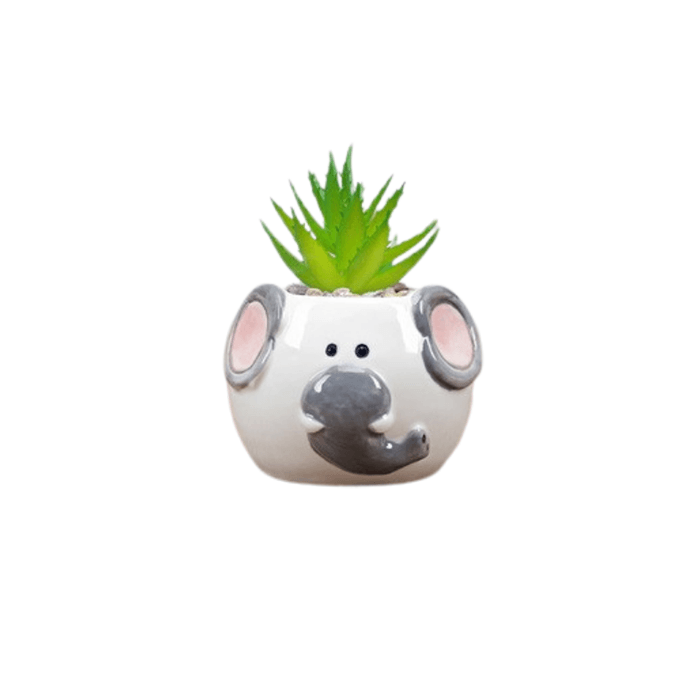 Cute Elephant Succulent Planter made of ceramic with a glazed finish, featuring a charming elephant design and drainage hole.