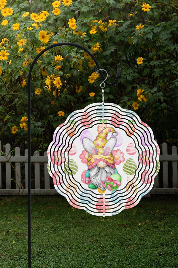 Colorful Easter Home Decor Gnome Eggs Outdoor Wind Spinner hanging outdoors, showcasing its vibrant design and double-sided feature.