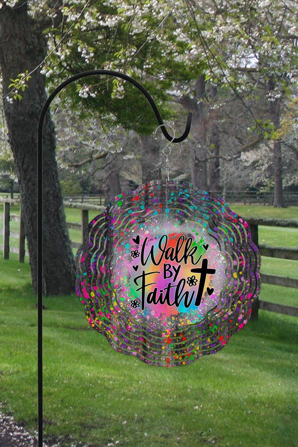 10-inch double-sided Walk By Faith Wind Spinner in vibrant colors, designed for Easter home and garden decor.