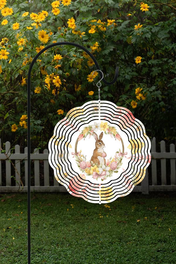 A colorful 10-inch double-sided wind spinner featuring a white rabbit and Easter eggs, perfect for outdoor decor.