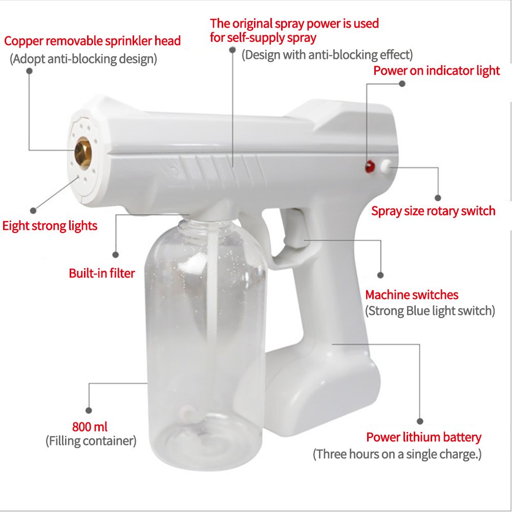 Electric Cordless Fogger 800ml Sprayer in blue, showcasing its ergonomic design and UV atomization feature for effective disinfection.