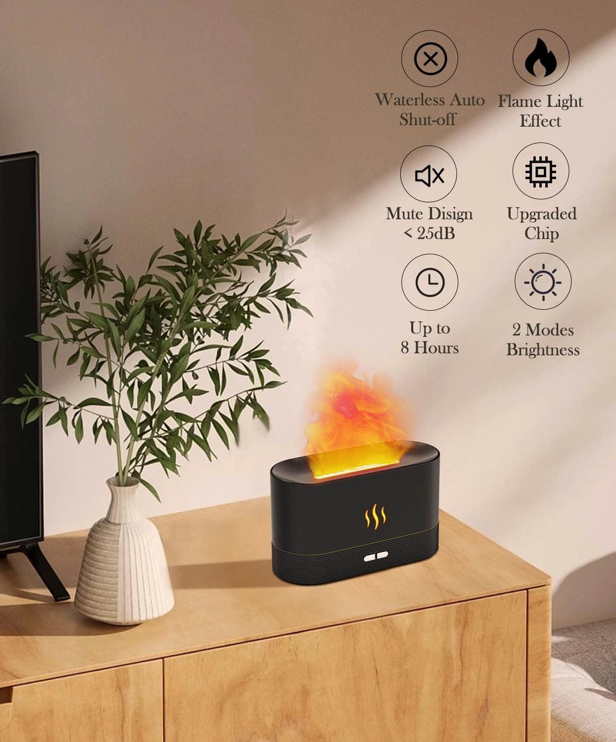 Flame Air Diffuser Humidifier with realistic flame effect and ultrasonic technology, elegantly designed for essential oils.