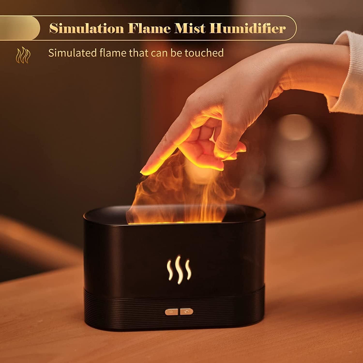 Flame Air Diffuser Humidifier with realistic flame effect and ultrasonic technology, elegantly designed for essential oils.