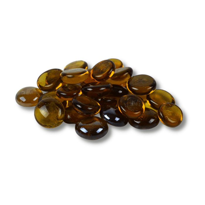 Amber flat glass marbles, approximately 20mm in size, ideal for terrariums and decorative arrangements.