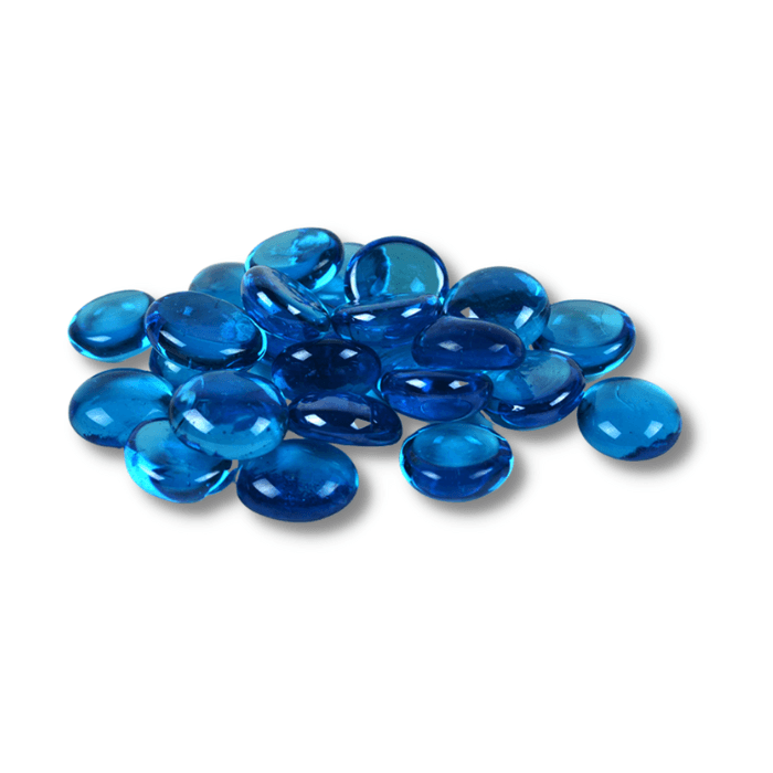 A collection of blue flat glass marbles, each approximately 20mm in size, perfect for decorative use in terrariums and fairy gardens.