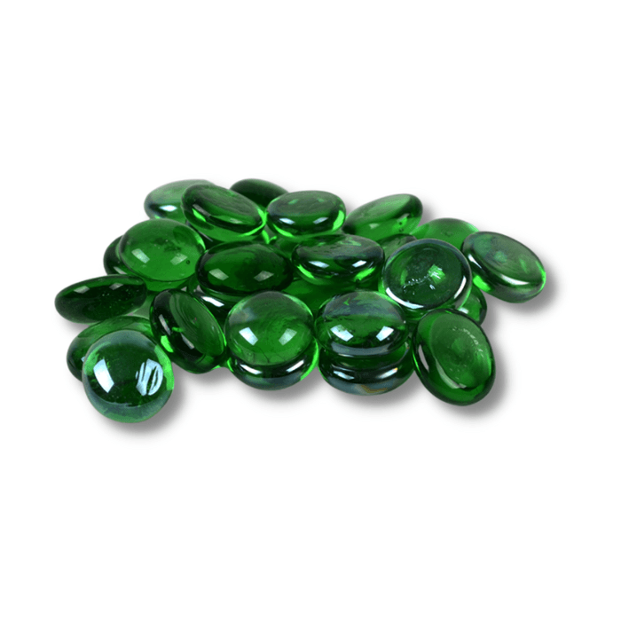 A collection of vibrant green flat glass marbles, each approximately 20mm in size, perfect for decorative use in terrariums and crafts.