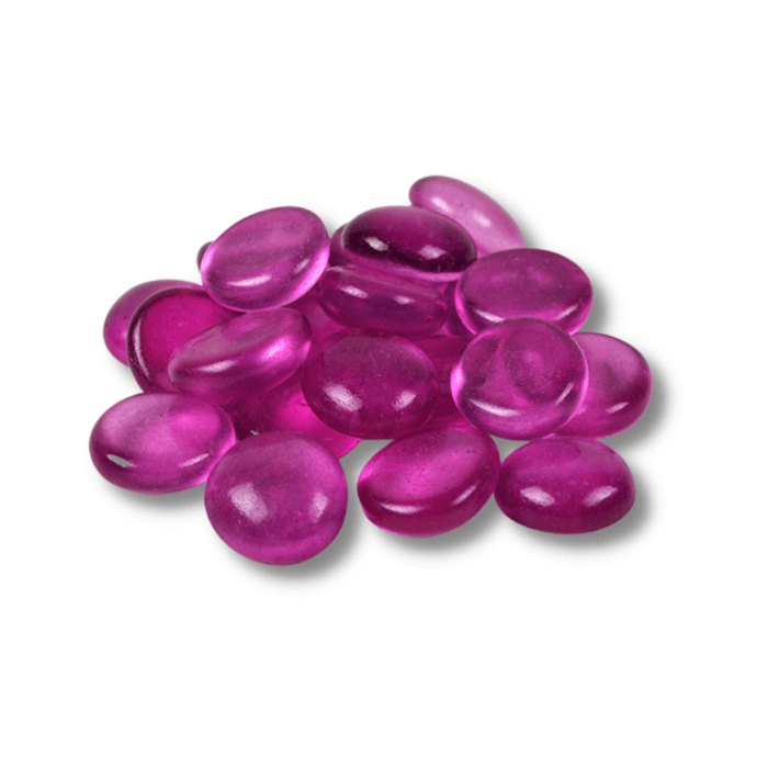 A collection of vibrant purple flat glass marbles, each measuring approximately 20mm, ideal for decorative use in terrariums and fairy gardens.