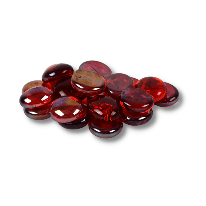 A collection of vibrant red flat glass marbles, each approximately 20mm in size, perfect for terrariums and decorative arrangements.