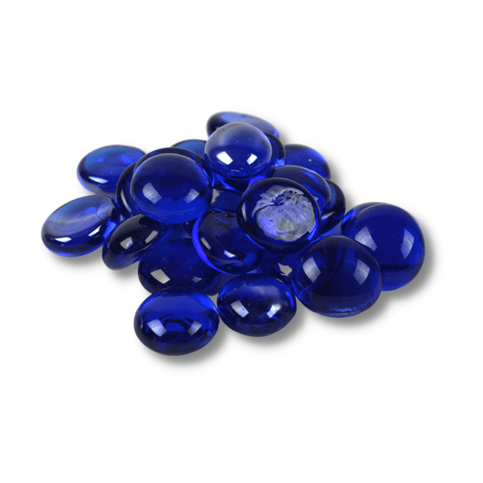 A collection of royal blue flat glass marbles, each measuring approximately 20mm, ideal for terrariums and decorative arrangements.