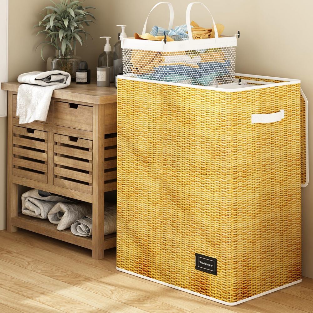 Full Fabric Large Laundry Hamper with Lid, showcasing its stylish design and spacious interior for laundry storage.