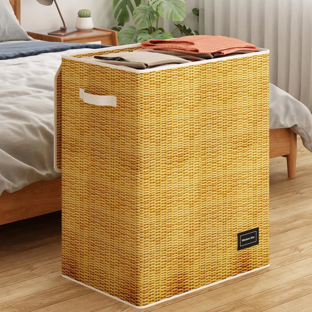 Full Fabric Large Laundry Hamper with Lid, showcasing its stylish design and spacious interior for laundry storage.