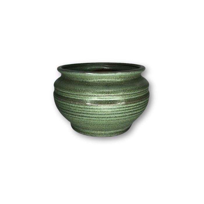 A beautifully crafted green antique colored round pot, perfect for indoor plants, featuring a drainage hole at the bottom.