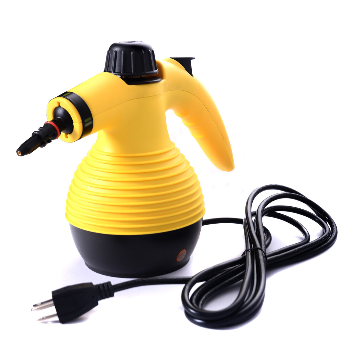 Handheld pressurized steam cleaner in yellow with 9-piece accessory set, showcasing its ergonomic design and various attachments.