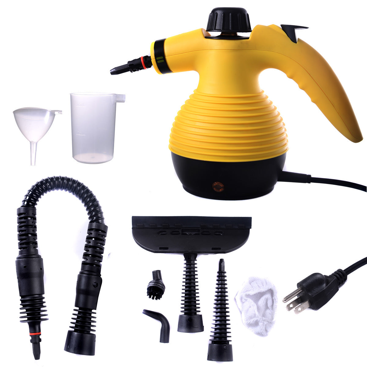 Handheld pressurized steam cleaner in yellow with 9-piece accessory set, showcasing its ergonomic design and various attachments.