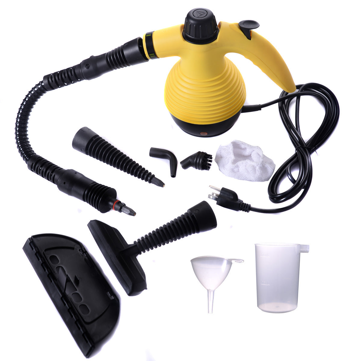 Handheld pressurized steam cleaner in yellow with 9-piece accessory set, showcasing its ergonomic design and various attachments.