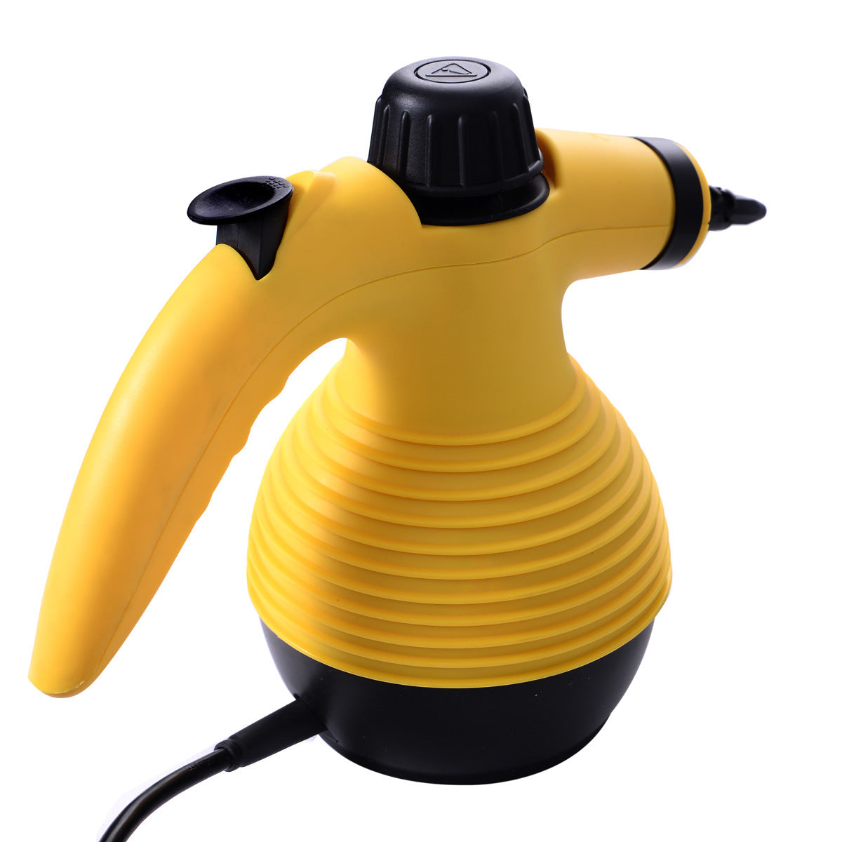 Handheld pressurized steam cleaner in yellow with 9-piece accessory set, showcasing its ergonomic design and various attachments.