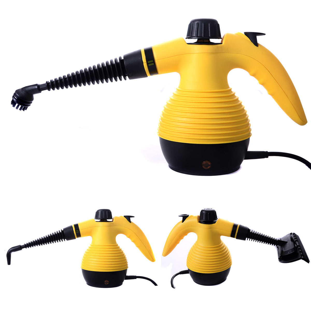 Handheld pressurized steam cleaner in yellow with 9-piece accessory set, showcasing its ergonomic design and various attachments.