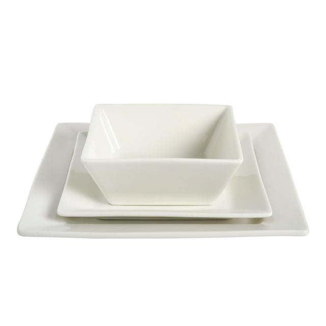 Hard Square 12 Piece Fine Ceramic Dinnerware Set in White, featuring glossy finish and modern square design.