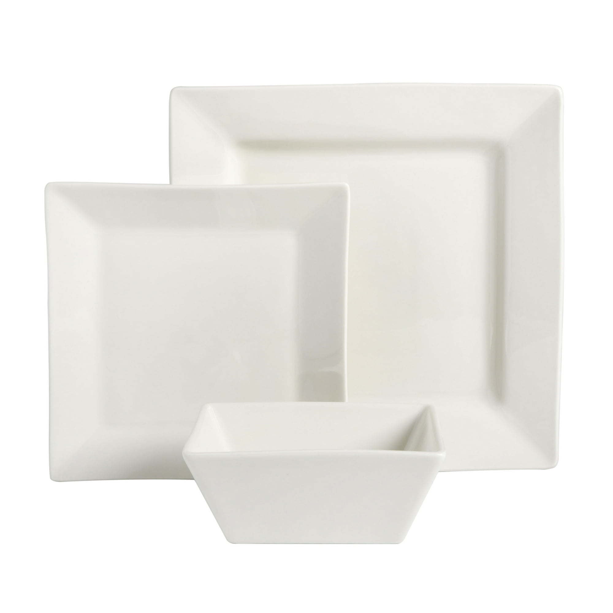 Hard Square 12 Piece Fine Ceramic Dinnerware Set in White, featuring glossy finish and modern square design.